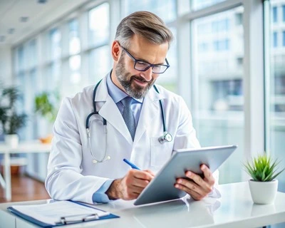 Doctor Reviews Patient Information On Digital Tablet In Hospital Office.