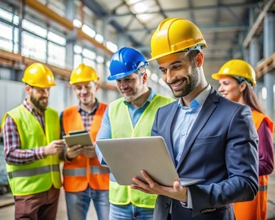 Construction Manager Reviews Plans with Team in Factory