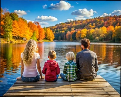 A family of four enjoys the colorful fall foliage on a lake.