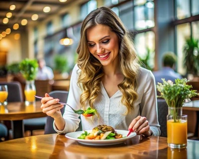 Beautiful Woman Enjoys a Delicious Meal at a Restaurant