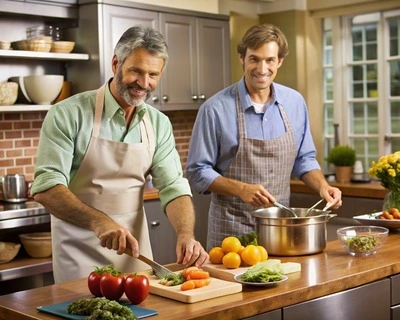 Father and Son Share a Laugh While Cooking a Healthy Meal Together